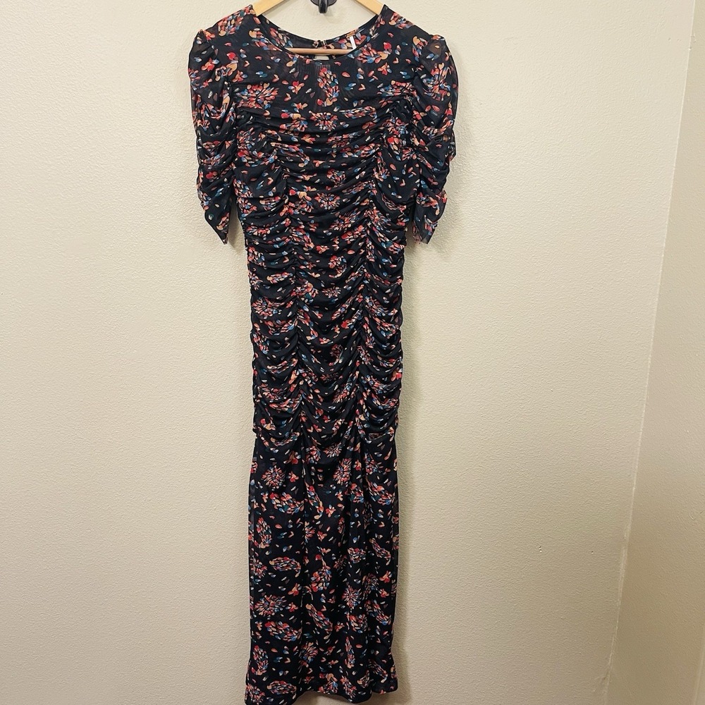Free People Briella Ruched Midi Dress Twilight Combo Sheer  Slit Moody Boho Sz S